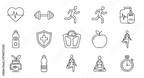 Outline icons representing health wellness and fitness on white background