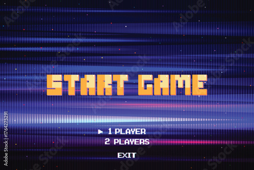 START GAME. Retro Futurism Sci-Fi Background. glowing neon grid. and stars from vintage arcade computer games