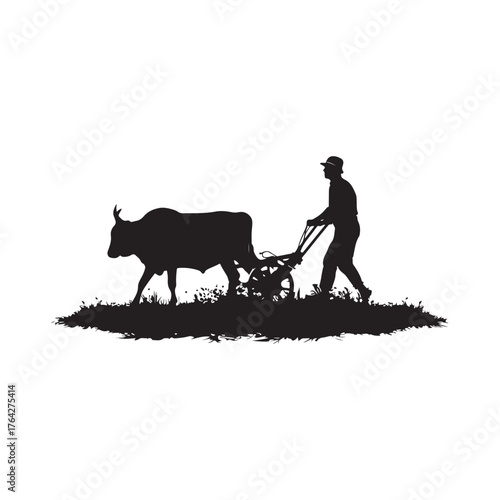 traditional farmer plowing field with ox silhouette vector illustration.