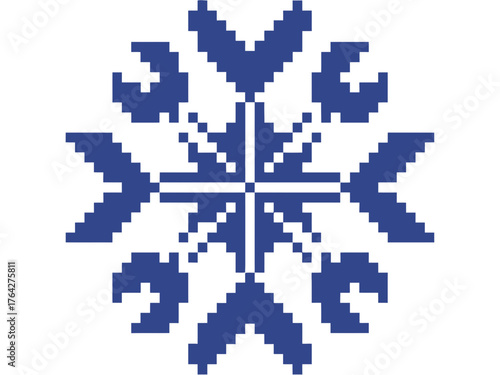A blue pixelated snowflake design symbolizes winter holidays and cultural patterns.
