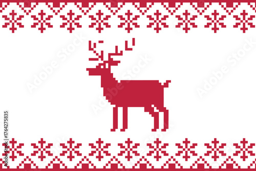 A red pixelated reindeer is featured on a white background with festive snowflake borders