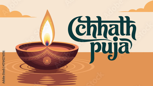Chhath Puja Festival with Oil Lamp and Water Design