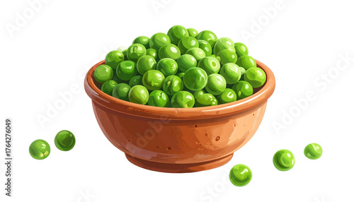 Fresh, healthy, raw green peas in a bowl, a vibrant vegetable ingredient for a vegetarian salad, isolated on a white background.