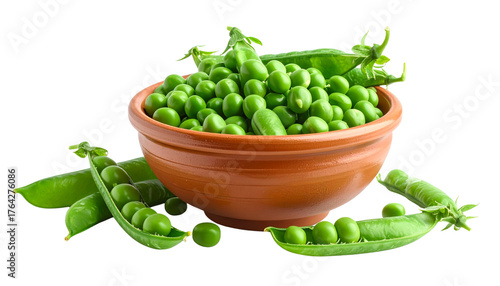 Fresh, healthy, raw green peas in a bowl, a vibrant vegetable ingredient for a vegetarian salad, isolated on a white background.
