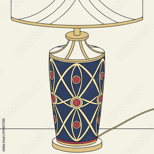 Adobe Illustrator Artwork: A dark blue decorative ceramic table lamp with gold, red, and white celestial patterns, with a white geometric lampshade