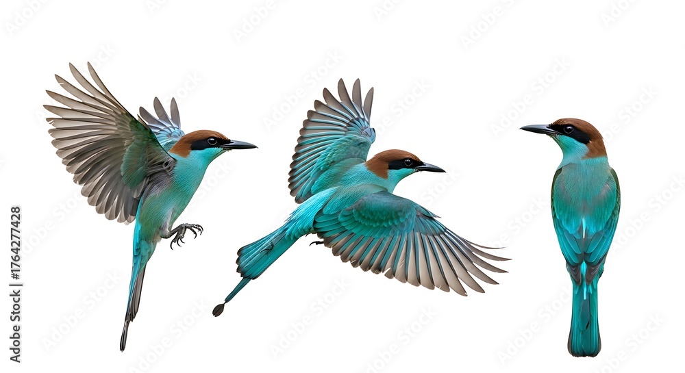 Obraz premium Three beautiful blue-tailed bee-eater birds in various flight poses isolated on white background.