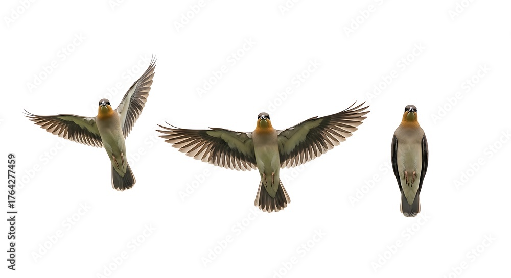 Fototapeta premium Three Birds in Flight Isolated on White Background.