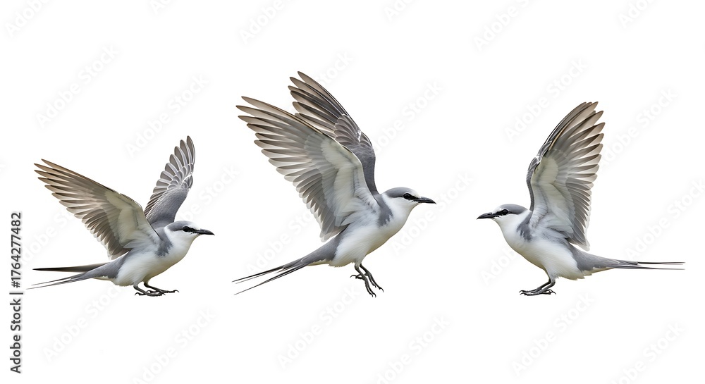 Fototapeta premium Three Birds in Flight on a White Background.