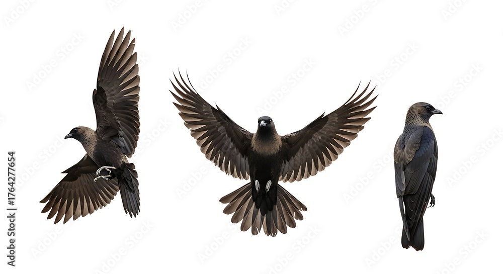 Obraz premium Three crows in flight and standing against a white background.
