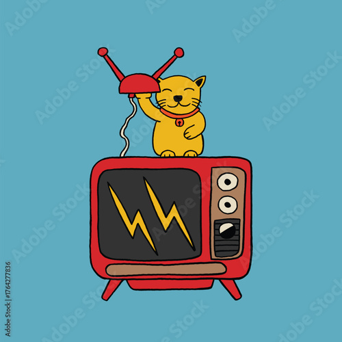 vintage television and cat retro cartoon illustration