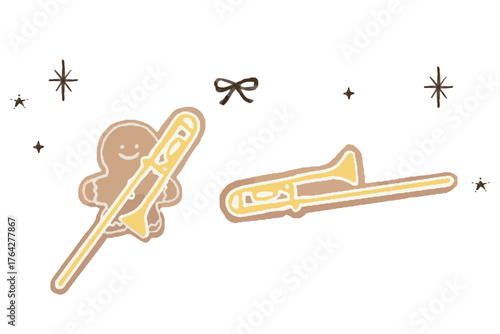 Gingerbread Man Playing Trombone - Icing Cookie Illustration