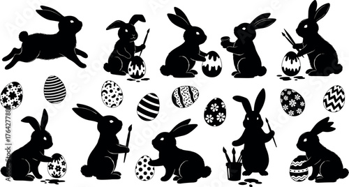 Easter bunny silhouettes, rabbits painting eggs, festive vector art, spring celebration, cute animal poses, brush, bucket, joy, decoration, holiday