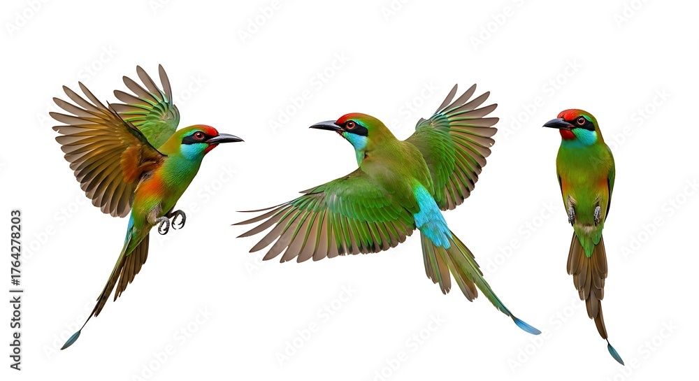 Naklejka premium Three vibrant green bee-eater birds in various poses isolated on white background.