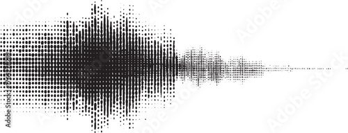 Black dots create a dynamic sound wave pattern against a white background.