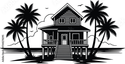Beach house palm trees tropical vacation home rental summer getaway