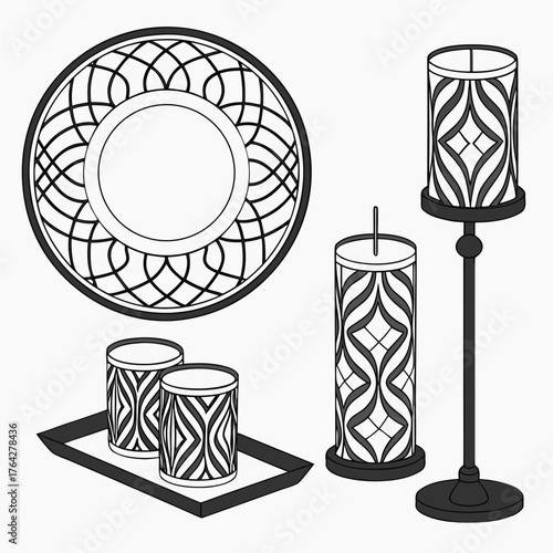 Adobe Illustrator Artwork: Geometric patterns with a rectangular tray with two cylindrical candle holders, and a tall floor lamp with a cylindrical shade