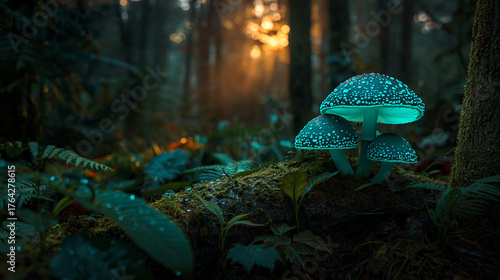 glowing mushrooms in rainforest dawn