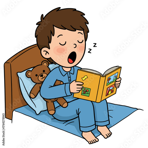 Sleepy cartoon boy in blue pajamas falling asleep while reading a picture book in bed with his teddy bear.