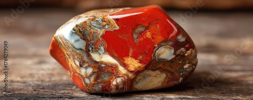 A close-up view of a polished red jasper stone with intricate patterns and textures, resting on a rustic wooden surface.