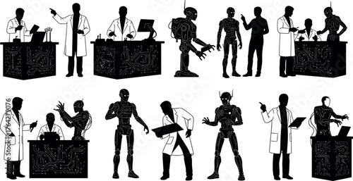 Humanoid, robot, scientist, engineer, silhouette, interaction, technology, AI, development, programming, teamwork, innovation, lab, research, future, machine, collaboration, inspection, digital, 