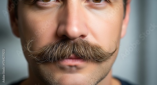 A macro shot of a handlebar moustache with curled tips, sharp focus on hair strands and texture, professional grooming detail, 8k
