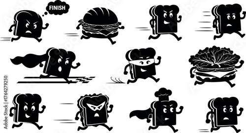 Sandwich, bread, cartoon, silhouette, food, character, race, running, motion, snack, expressive, funny, black, white, whimsical, anthropomorphic, finish line, cape, creative, illustration, animated