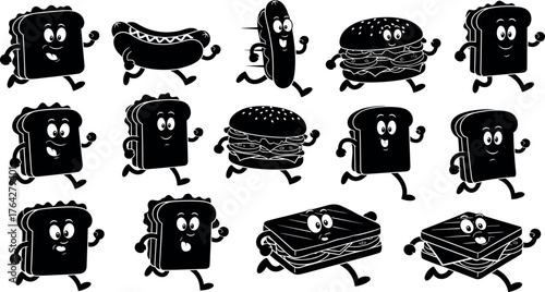 Sandwich, burger, hot dog, silhouette, cartoon, food, character, running, motion, snack, expressive, funny, black, white, whimsical, anthropomorphic, fast, lunch, creative, illustration, animated