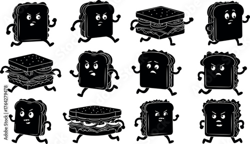 Sandwich, cartoon, silhouette, food, character, running, motion, snack, expressive, angry, funny, black, white, whimsical, anthropomorphic, lunch, creative, walking, illustration, animated, emotion