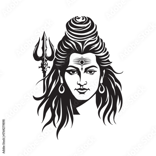 hindu god lord shiva portrait with trishula and third eye black and white vector illustration.
