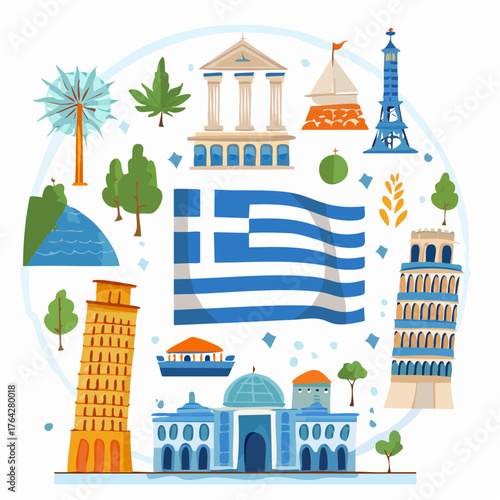 Iconic Greek Flag and European Landmarks Collection Illustration.