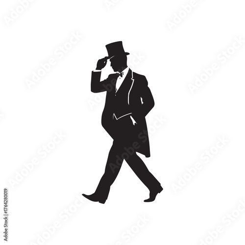 classic victorian gentleman walking and tipping his top hat silhouette vector graphic.