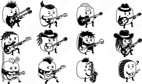 Sushi, cartoon, silhouette, character, music, guitar, saxophone, microphone, band, food, funny, expressive, black, white, whimsical, anthropomorphic, animated, performance, rock, jazz, illustration