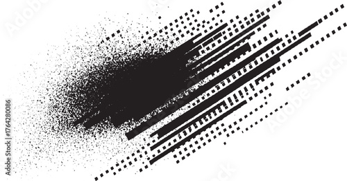 Abstract black spray paint splatter and geometric lines on a white background.