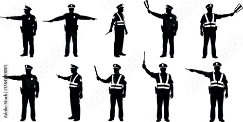 Traffic police silhouettes, vector officer poses, hand signal gestures, baton, paddle, road safety, uniform, command, patrol, law enforcement