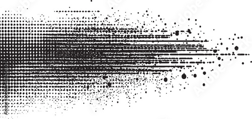 Abstract pattern of black dots and lines on a white background, fading and dispersing.