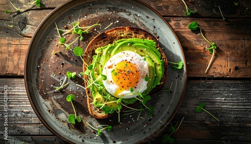avocado toast with poached egg and microgreens, rustic wooden table, natural morning light, food photography, commercial use 