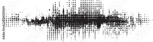 A black and white abstract pattern featuring distressed halftone dots and scattered speckles creating a textured effect.