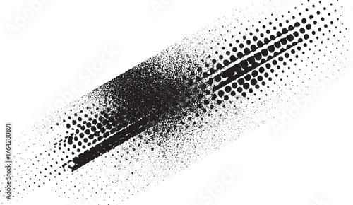 Diagonal black ink splatter and halftone dot pattern on a white background.