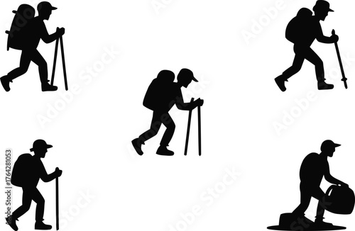Silhouette collection of hikers with backpacks and trekking poles in images