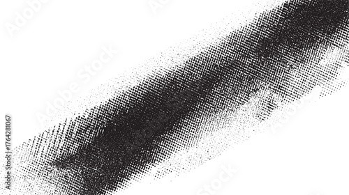 Black distressed diagonal band with a halftone dot pattern fading into white space.