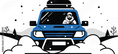 Winter driving off road vehicle in snow storm illustration