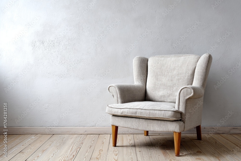 Fototapeta premium Wingback armchair stands against a textured wall on a wooden floor.