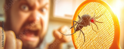 A frustrated man aims at a mosquito with an electric swatter, showcasing a humorous struggle against pesky insects in a domestic setting.