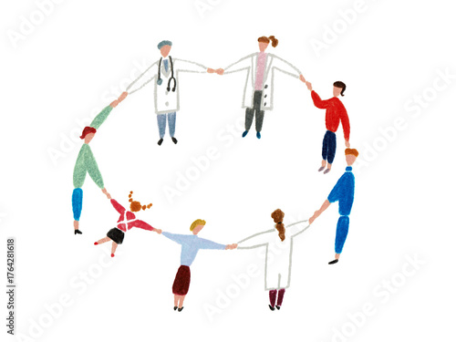 手描きイラスト　輪になって手をつなぐ医者と患者