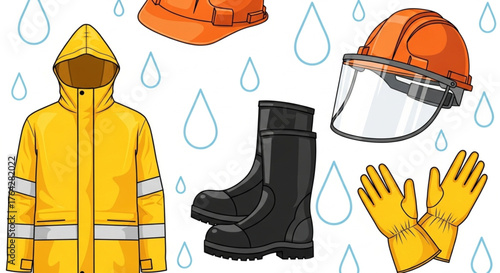 Rain safety equipment illustration – waterproof workwear and protective gear for wet weather vector illustration