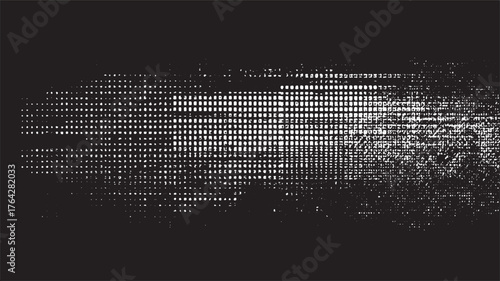 A dark background with a scattered pattern of white dots and squares of varying density.