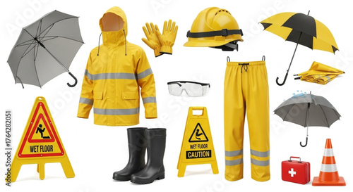 Wet weather safety equipment set – waterproof workwear, rain gear, and workplace protection items vector illustration