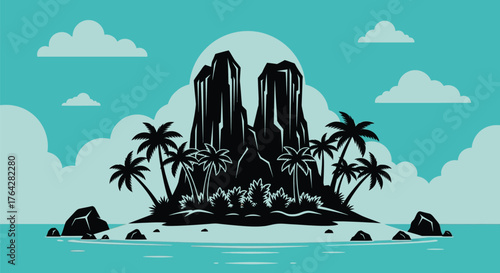 Tropical island with palm trees and rocky mountain vector