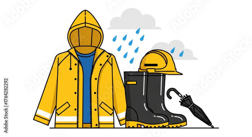 Yellow raincoat with boots and umbrella – rainy weather illustration