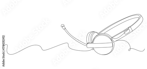 Vector illustration of a continuous line drawing of a headset with a microphone. Minimalist one-line art representing communication, customer service, music, or technology concept. Simple and modern 
